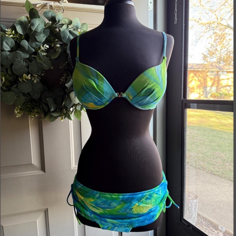 Vintage 90s Venus lagoon padded underwire mesh skirted bikini, size 12 C - Picture 1 of 16
